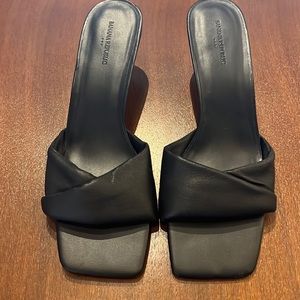 Kitten Heel Black Leather Slides